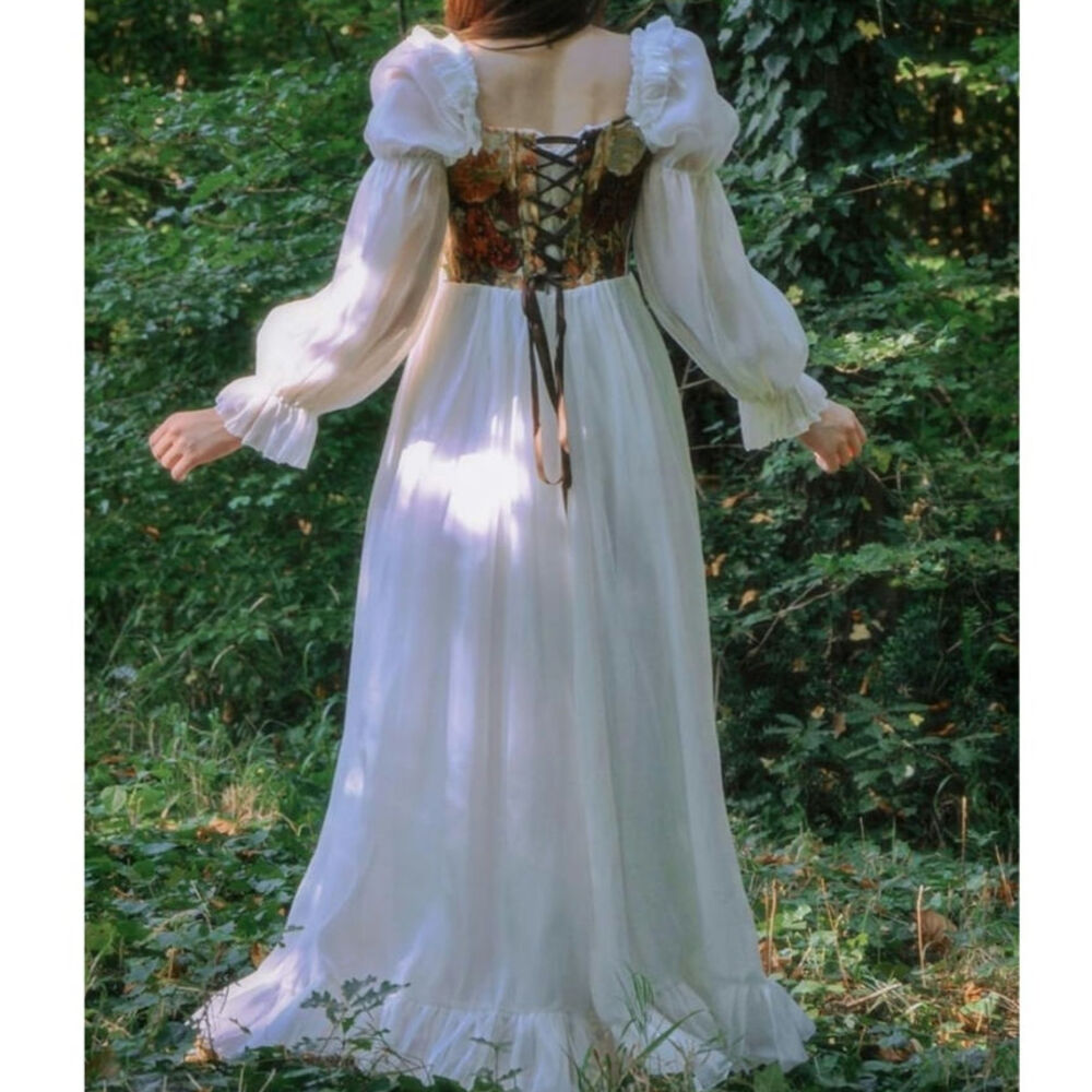 Long Puff Sleeve Renaissance Costume Dress Floral Jacquard Lace-up Corset Fairy